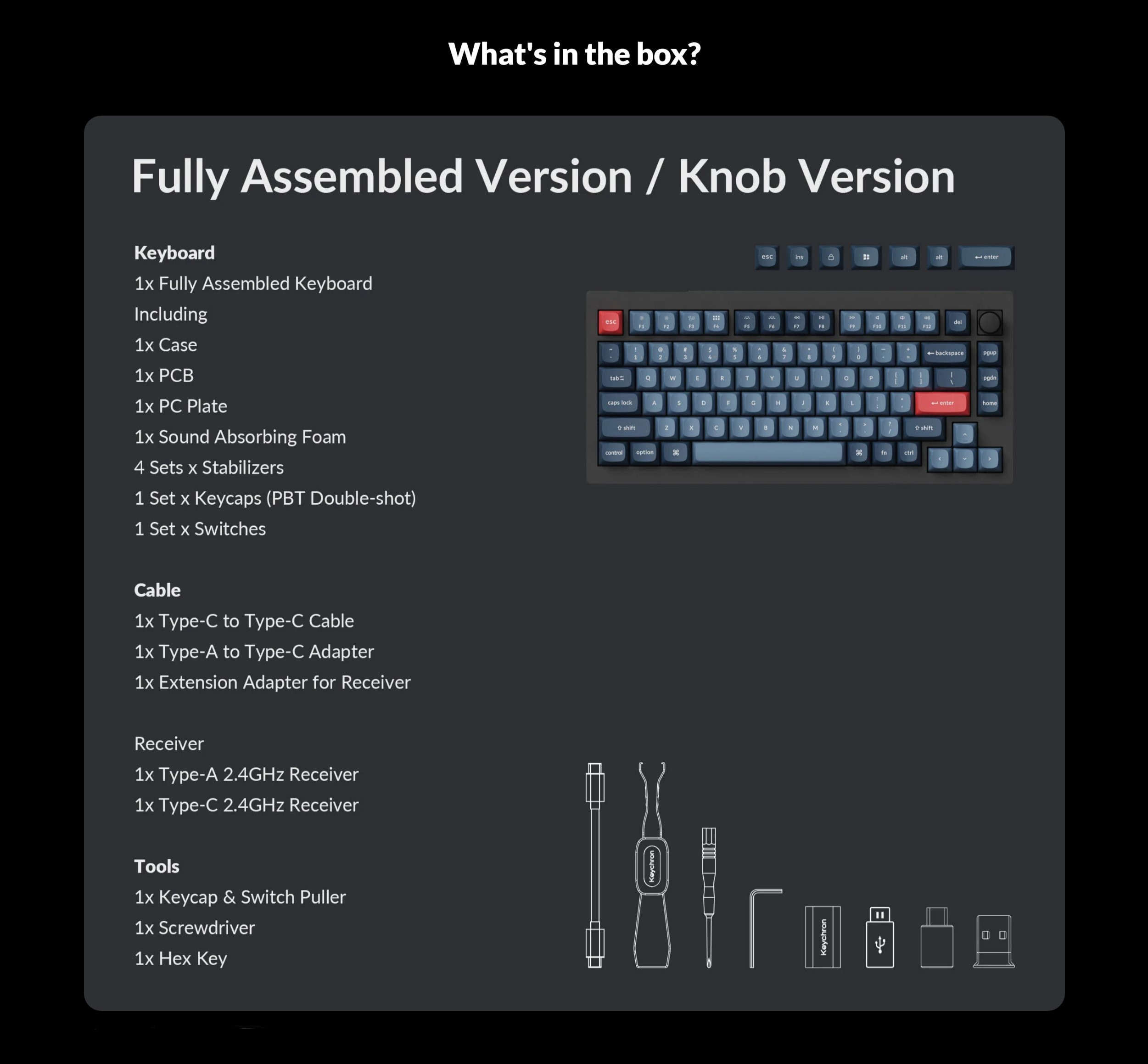 A large marketing image providing additional information about the product Keychron V1 Max - 75% QMK/VIA Wireless Custom Mechanical Keyboard - Black (Silent K Pro Switch) - Additional alt info not provided